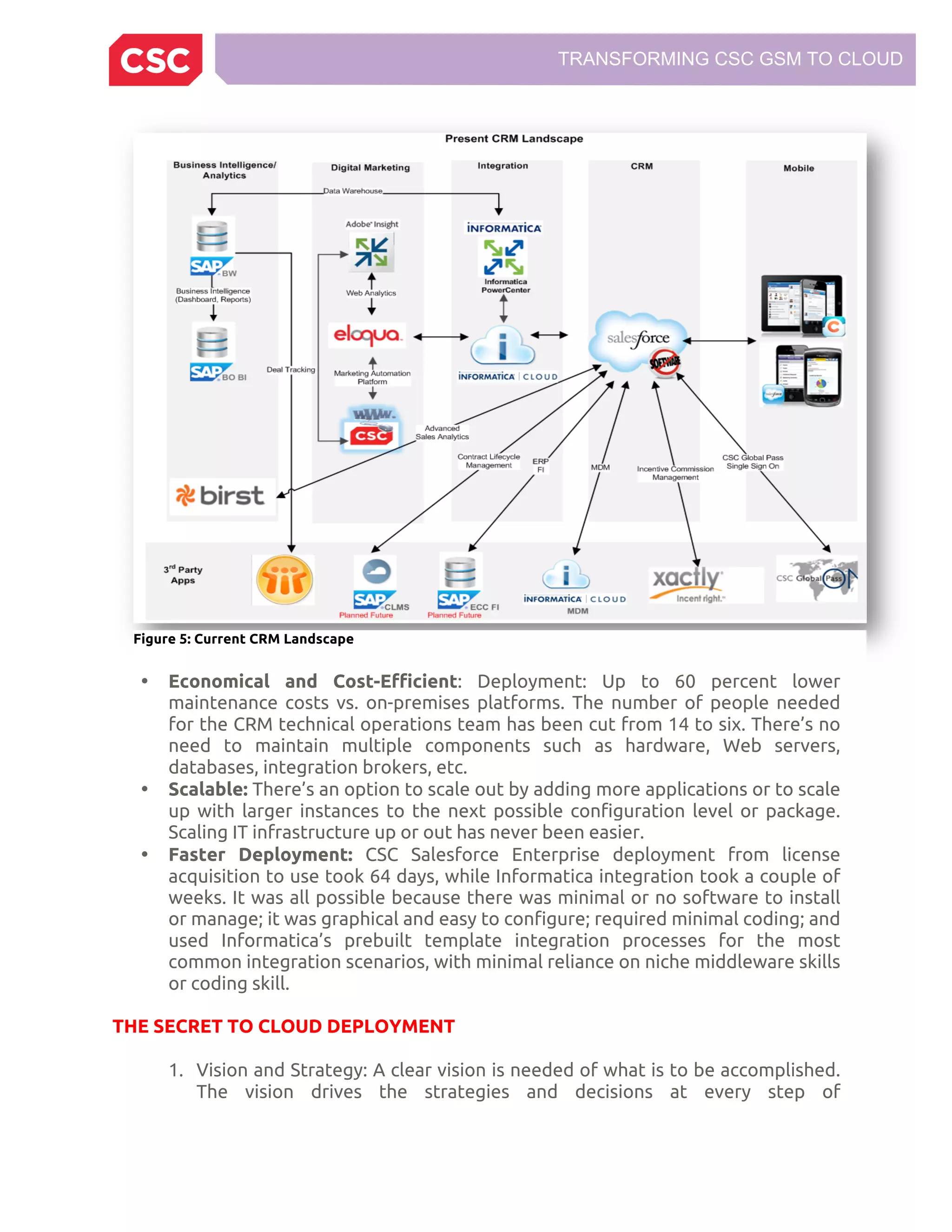 TRANSFORMING CSC GSM TO CLOUD
• Economical and Cost-Efficient: Deployment: Up to 60 percent lower
maintenance costs vs. on-premises platforms. The number of people needed
for the CRM technical operations team has been cut from 14 to six. There’s no
need to maintain multiple components such as hardware, Web servers,
databases, integration brokers, etc.
• Scalable: There’s an option to scale out by adding more applications or to scale
up with larger instances to the next possible configuration level or package.
Scaling IT infrastructure up or out has never been easier.
• Faster Deployment: CSC Salesforce Enterprise deployment from license
acquisition to use took 64 days, while Informatica integration took a couple of
weeks. It was all possible because there was minimal or no software to install
or manage; it was graphical and easy to configure; required minimal coding; and
used Informatica’s prebuilt template integration processes for the most
common integration scenarios, with minimal reliance on niche middleware skills
or coding skill.
THE SECRET TO CLOUD DEPLOYMENT
1. Vision and Strategy: A clear vision is needed of what is to be accomplished.
The vision drives the strategies and decisions at every step of
Figure 5: Current CRM Landscape
 