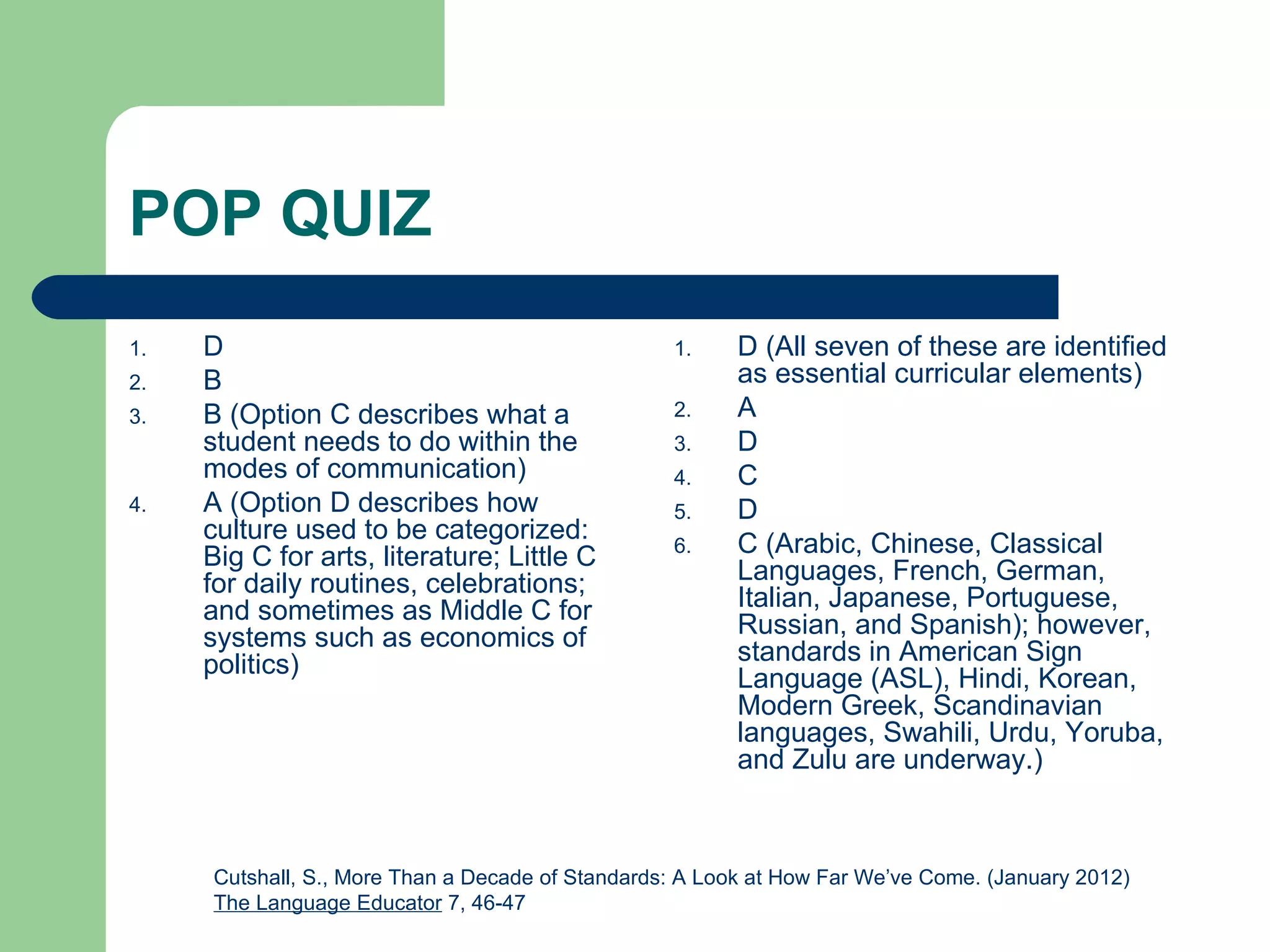 POP QUIZ
1.   D                                            1.     D (All seven of these are identified
2.   B                                                   as essential curricular elements)
3.   B (Option C describes what a                 2.     A
     student needs to do within the               3.     D
     modes of communication)                      4.     C
4.   A (Option D describes how                    5.     D
     culture used to be categorized:
     Big C for arts, literature; Little C         6.     C (Arabic, Chinese, Classical
     for daily routines, celebrations;                   Languages, French, German,
     and sometimes as Middle C for                       Italian, Japanese, Portuguese,
     systems such as economics of                        Russian, and Spanish); however,
     politics)                                           standards in American Sign
                                                         Language (ASL), Hindi, Korean,
                                                         Modern Greek, Scandinavian
                                                         languages, Swahili, Urdu, Yoruba,
                                                         and Zulu are underway.)



     Cutshall, S., More Than a Decade of Standards: A Look at How Far We’ve Come. (January 2012)
     The Language Educator 7, 46-47
 