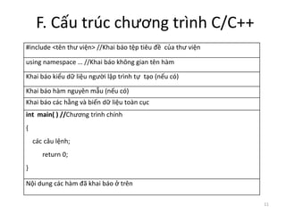 F. Cấu trúc chương trình C/C++
11
#include <tên thư viện> //Khai báo tệp tiêu đề của thư viện
using namespace … //Khai báo không gian tên hàm
Khai báo kiểu dữ liệu người lập trình tự tạo (nếu có)
Khai báo hàm nguyên mẫu (nếu có)
Khai báo các hằng và biến dữ liệu toàn cục
int main( ) //Chương trình chính
{
các câu lệnh;
return 0;
}
Nội dung các hàm đã khai báo ở trên
 