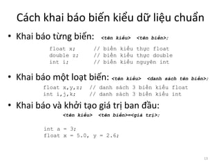 Cách khai báo biến kiểu dữ liệu chuẩn
• Khai báo từng biến: <tên kiểu> <tên biến>;
• Khai báo một loạt biến: <tên kiểu> <danh sách tên biến>;
• Khai báo và khởi tạo giá trị ban đầu:
<tên kiểu> <tên biến>=<giá trị>;
13
float x; // biến kiểu thực float
double z; // biến kiểu thực double
int i; // biến kiểu nguyên int
float x,y,z; // danh sách 3 biến kiểu float
int i,j,k; // danh sách 3 biến kiểu int
int a = 3;
float x = 5.0, y = 2.6;
 