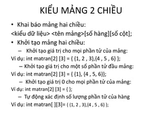 KIỂU MẢNG 2 CHIỀU
• Khai báo mảng hai chiều:
<kiểu dữ liệu> <tên mảng>[số hàng][số cột];
• Khởi tạo mảng hai chiều:
– Khởi tạo giá trị cho mọi phần tử của mảng:
Ví dụ: int matran[2] [3] = { {1, 2 , 3},{4 , 5 , 6} };
– Khởi tạo giá trị cho một số phần tử đầu mảng:
Ví dụ: int matran[2] [3] = { {1}, {4 , 5, 6}};
– Khởi tạo giá trị 0 cho mọi phần tử của mảng:
Ví dụ: int matran[2] [3] = { };
– Tự động xác định số lượng phần tử của hàng
Ví dụ: int matran[ ][3]= { {1, 2 , 3},{4 , 5 , 6} };
 