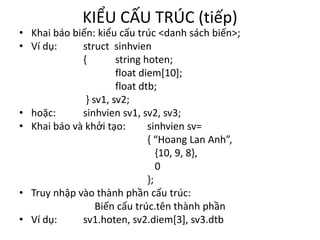 KIỂU CẤU TRÚC (tiếp)
• Khai báo biến: kiểu cấu trúc <danh sách biến>;
• Ví dụ: struct sinhvien
{ string hoten;
float diem[10];
float dtb;
} sv1, sv2;
• hoặc: sinhvien sv1, sv2, sv3;
• Khai báo và khởi tạo: sinhvien sv=
{ “Hoang Lan Anh”,
{10, 9, 8},
0
};
• Truy nhập vào thành phần cấu trúc:
Biến cấu trúc.tên thành phần
• Ví dụ: sv1.hoten, sv2.diem[3], sv3.dtb
 