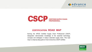 CERTIFICATION ROAD MAP
Earning the APICS Certified Supply Chain Professional (CSCP)
designation demonstrates knowledge of the essential technology,
concepts and strategies in today’s extended supply chain. This road
map is a step-by-step guide on how to become a CSCP certified.
 