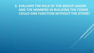 11
3. EVALUATE THE ROLE OF THE GROUP LEADER
AND THE MEMBERS IN BUILDING THE TOWER.
COULD ONE FUNCTION WITHOUT THE OTHER?
 