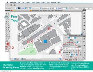 Pen
                        Tool

                                                                     1



                                        1
                        2
                                                                                3


                               1. Using the Pen Tool, create a       2. Remove Fill by clicking   3. In the Stroke Menu,
    Illustrator                line: click once to create the ﬁrst   None on the Tool Panel.      add Arrowheads and
                               Anchor Point. Click again to          Change the Stroke color      click the Dashed Line
    Drawing Lines              create a second Anchor Point.         to red.                      box.
Friday, October 5, 12
 