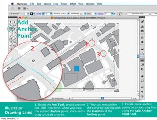 Add
                   Anchor
                   Point
                                                                    1
                            2
                                                                               3



                        2



                                1. Using the Pen Tool, create another   2. You can manipulate       3. Create more anchor
    Illustrator                 line. BUT, this time, when you draw     the curve by playing with   points on an existing line
                                the second Anchor point, click-hold-    the Handles of the          using the Add Anchor
    Drawing Lines               drag to create a curve.                 Anchor point.               Point Tool.
Friday, October 5, 12
 