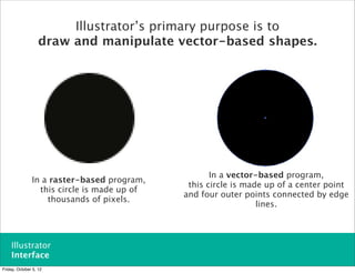 Illustrator’s primary purpose is to
                   draw and manipulate vector-based shapes.




                                                    In a vector-based program,
               In a raster-based program,
                                              this circle is made up of a center point
                 this circle is made up of
                                             and four outer points connected by edge
                   thousands of pixels.
                                                                lines.



    Illustrator
    Interface
Friday, October 5, 12
 