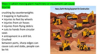 Ways in which moving plant machinery or equipment can cause
Injuries
crushing by counterweights
• trapping in hydraulics
• injuries to feet by wheels
• injuries from air hoses
• injuries from flying debris
• cuts to hands from circular
saws
• entrapment in a drill bit.
Crushed
between parts, sharp edges can
cause cuts and stabs, people can
be hit
 