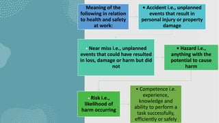 Meaning of the
following in relation
to health and safety
at work:
• Accident i.e., unplanned
events that result in
personal injury or property
damage
• Near miss i.e., unplanned
events that could have resulted
in loss, damage or harm but did
not
• Hazard i.e.,
anything with the
potential to cause
harm
• Risk i.e.,
likelihood of
harm occurring
• Competence i.e.
experience,
knowledge and
ability to perform a
task successfully,
efficiently or safely
 
