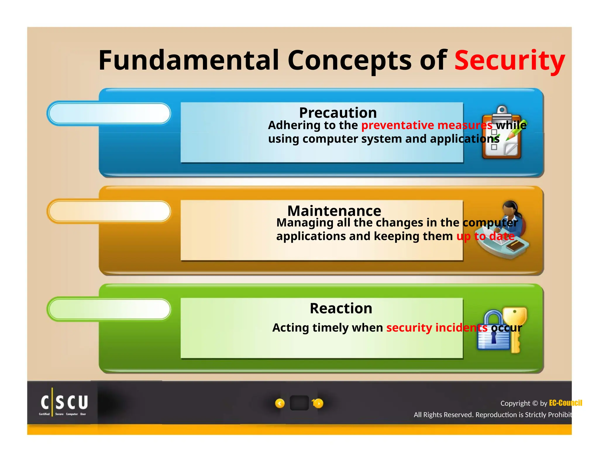 Fundamental Concepts of Security
Precaution
Adhering to the preventative measures while
using computer system and applications
Maintenance
Managing all the changes in the computer
applications and keeping them up to date
Reaction
Acting timely when security incidents occur
16 Copyright © by EC-Council
All Rights Reserved. Reproduction is Strictly Prohibited.
 
