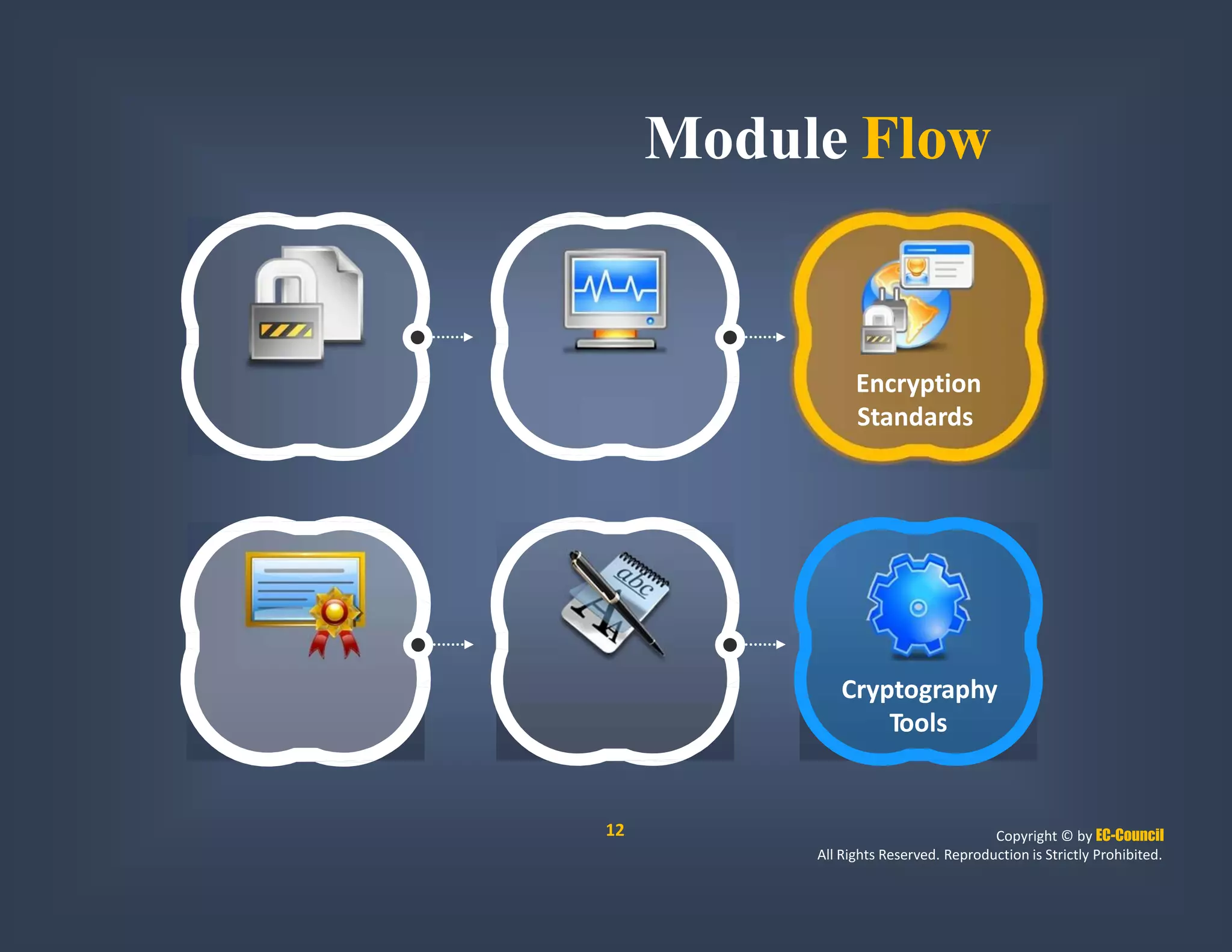 Module Flow
Encryption
Standards
Cryptography
Tools
12 Copyright © by EC-Council
All Rights Reserved. Reproduction is Strictly Prohibited.
 