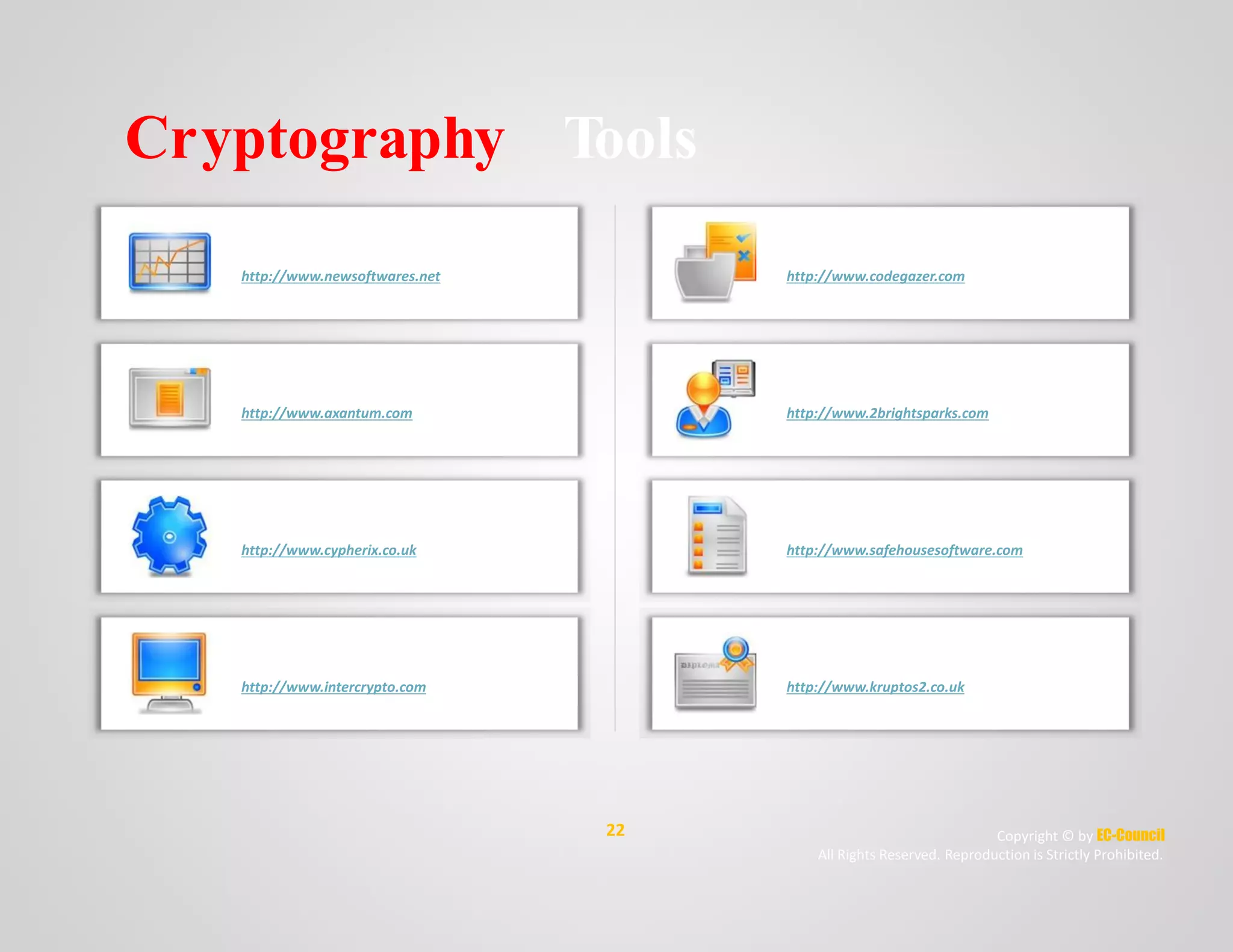 Cryptography Tools
Folder Lock
http://www.newsoftwares.net
PixelCryptor
http://www.codegazer.com
AxCrypt
http://www.axantum.com
EncryptOnClick
http://www.2brightsparks.com
Cryptainer LE
http://www.cypherix.co.uk
SafeHouse Explorer
http://www.safehousesoftware.com
Advanced Encryption Package
http://www.intercrypto.com
Kruptos 2 Professional
http://www.kruptos2.co.uk
22 Copyright © by EC-Council
All Rights Reserved. Reproduction is Strictly Prohibited.
 