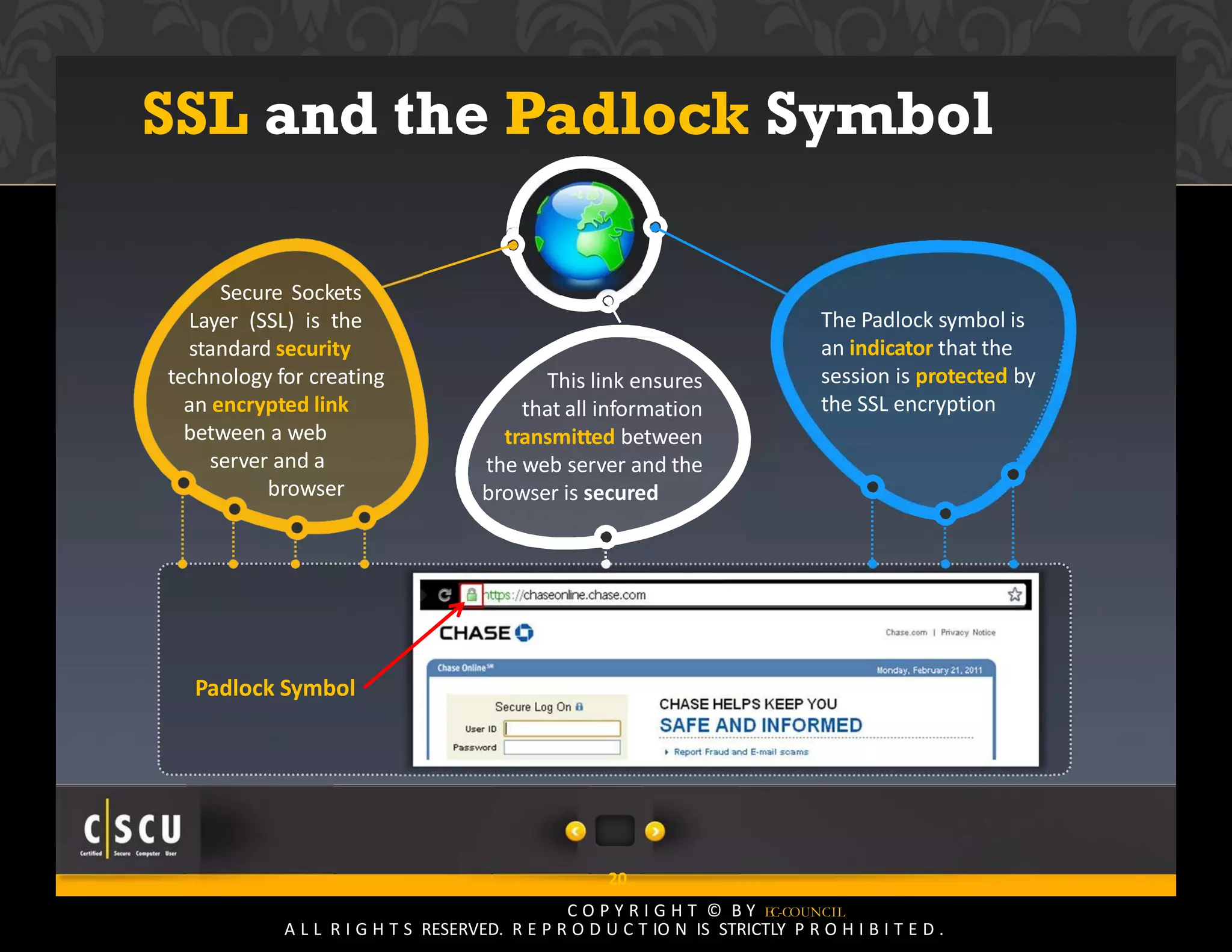 19 Copyright © by EC-Council
All Rights Reserved. Reproduction is Strictly Prohibited.
SSL and the Padlock Symbol
Secure Sockets
Layer (SSL) is the
standard security
technology for creating
an encrypted link
between a web
server and a
browser
This link ensures
that all information
transmitted between
the web server and the
browser is secured
The Padlock symbol is
an indicator that the
session is protected by
the SSL encryption
Padlock Symbol
20
C O P Y R I G H T © B Y EC-COUNCIL
A L L R I G H T S RESERVED. R E P R O D U C T IO N IS STRICTLY P R O H I B I T E D .
 