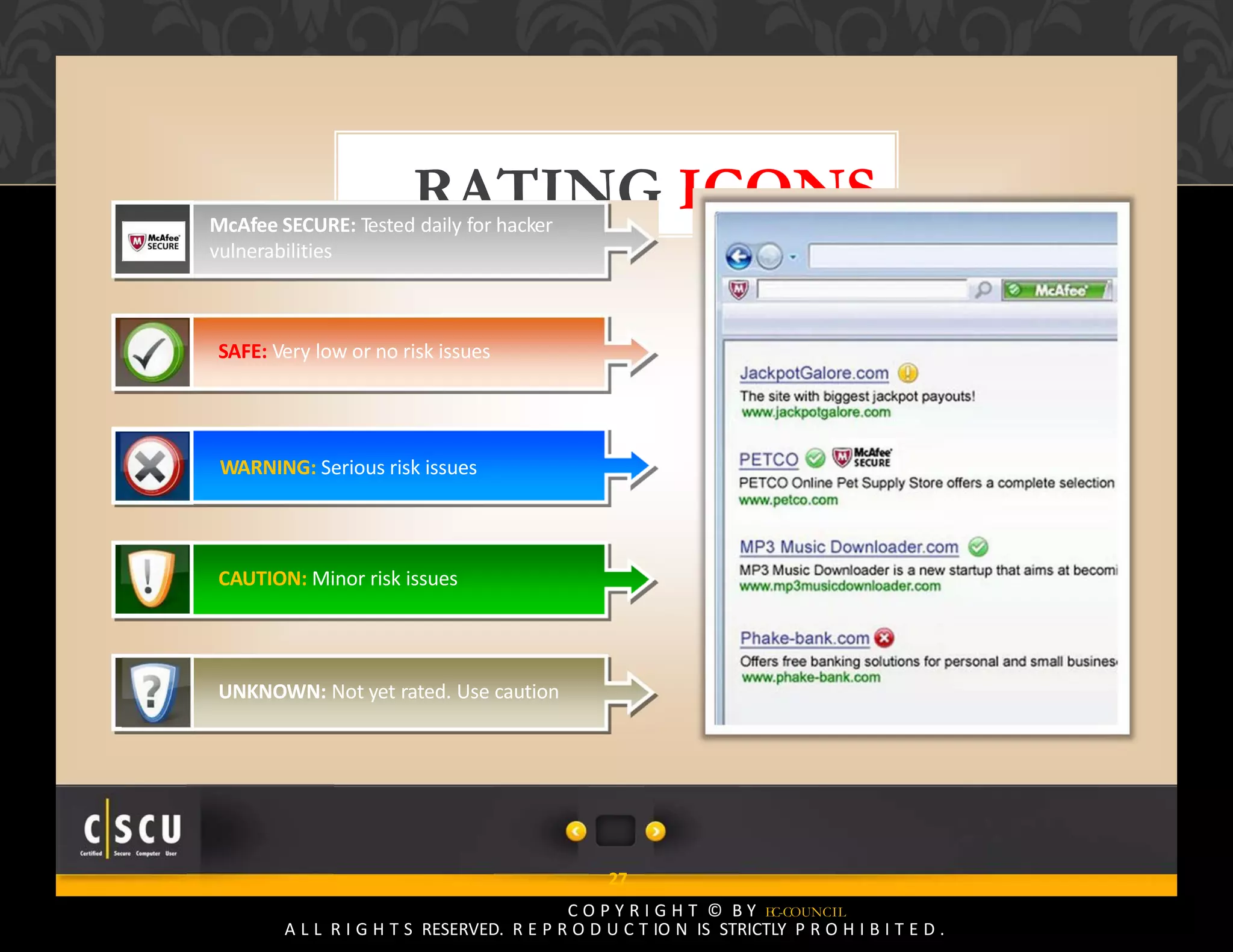 26 Copyright © by EC-Council
All Rights Reserved. Reproduction is Strictly Prohibited.
RATING ICONS
27
C O P Y R I G H T © B Y EC-COUNCIL
A L L R I G H T S RESERVED. R E P R O D U C T IO N IS STRICTLY P R O H I B I T E D .
McAfee SECURE: Tested daily for hacker
vulnerabilities
WARNING: Serious risk issues
SAFE: Very low or no risk issues
CAUTION: Minor risk issues
UNKNOWN: Not yet rated. Use caution
 