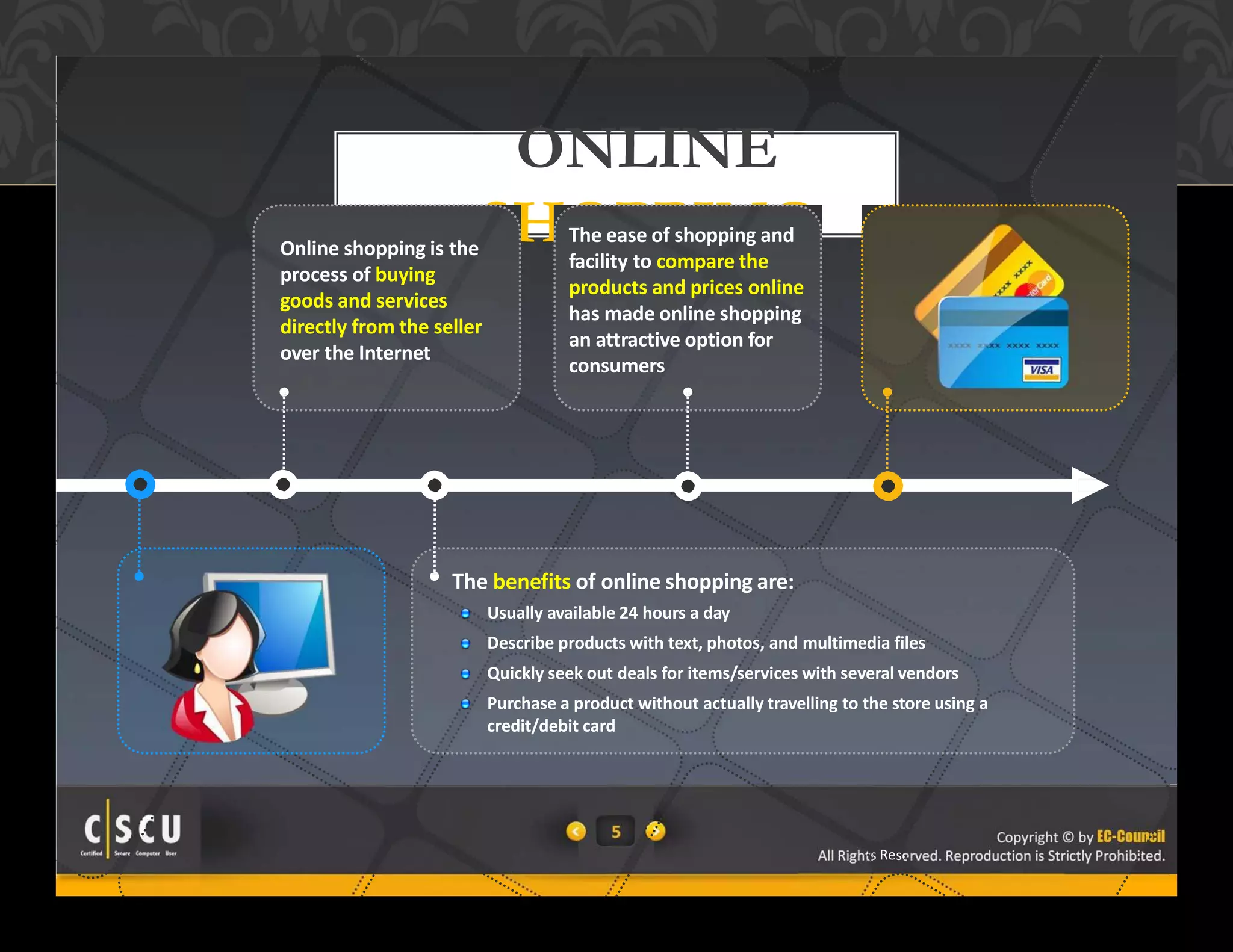 5 Copyright © by EC-Council
All Rights Reserved. Reproduction is Strictly Prohibited.
5 Copyright © by EC-Council
served. Reproduction is Strictly Prohibited.All Rights Re
ONLINE
SHOPPINGOnline shopping is the
process of buying
goods and services
directly from the seller
over the Internet
The benefits of online shopping are:
Usually available 24 hours a day
Describe products with text, photos, and multimedia files
Quickly seek out deals for items/services with several vendors
Purchase a product without actually travelling to the store using a
credit/debit card
The ease of shopping and
facility to compare the
products and prices online
has made online shopping
an attractive option for
consumers
 