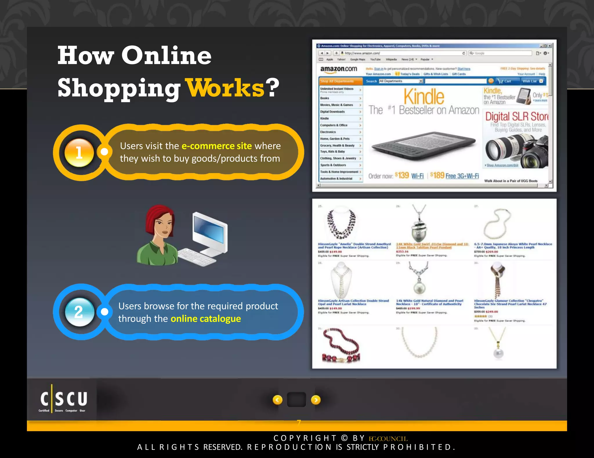 6 Copyright © by EC-Council
All Rights Reserved. Reproduction is Strictly Prohibited.
How Online
ShoppingWorks?
1
Users visit the e‐commerce site where
they wish to buy goods/products from
Users browse for the required product
through the online catalogue2
7
C O P Y R I G H T © B Y EC-COUNCIL
A L L R I G H T S RESERVED. R E P R O D U C T IO N IS STRICTLY P R O H I B I T E D .
 