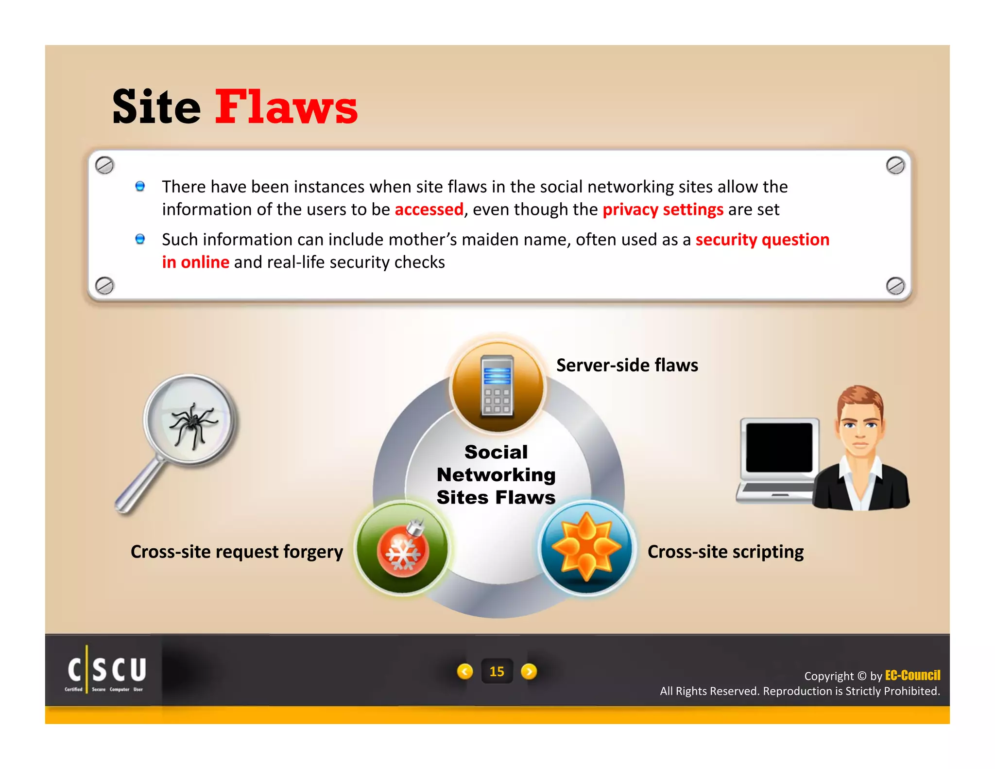 Copyright © by EC-Council
All Rights Reserved. Reproduction is Strictly Prohibited.
15
Site Flaws
There have been instances when site flaws in the social networking sites allow the 
information of the users to be accessed, even though the privacy settings are set
Such information can include mother’s maiden name, often used as a security question 
in online and real‐life security checks
Social
Networking
Sites Flaws
Server‐side flaws
Cross‐site scriptingCross‐site request forgery
 