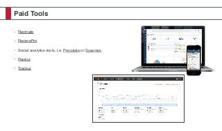 Paid Tools
• Revinate
• ReviewPro
• Social analytics tools, i.e. Percolate or Sysomos
• Rankur
• Trackur
 