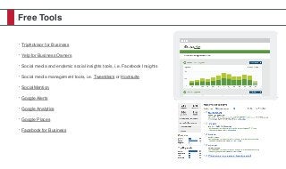 Free Tools
• TripAdvisor for Business
• Yelp for Business Owners
• Social media and endemic social insights tools, i.e. Facebook Insights
• Social media management tools, i.e. Tweetdeck or Hootsuite
• SocialMention
• Google Alerts
• Google Analytics
• Google Places
• Facebook for Business
 