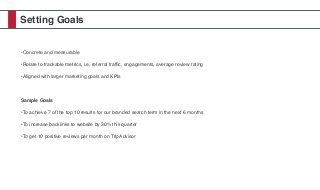 Setting Goals
•Concrete and measurable
•Relate to trackable metrics, i.e. referral trafﬁc, engagements, average review rating
•Aligned with larger marketing goals and KPIs
Sample Goals
•To achieve 7 of the top 10 results for our branded search term in the next 6 months
•To increase backlinks to website by 30% this quarter
•To get 10 positive reviews per month on TripAdvisor
 