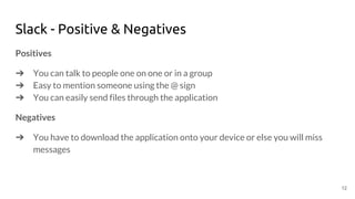 Slack - Positive & Negatives
Positives
➔ You can talk to people one on one or in a group
➔ Easy to mention someone using the @ sign
➔ You can easily send files through the application
Negatives
➔ You have to download the application onto your device or else you will miss
messages
12
 