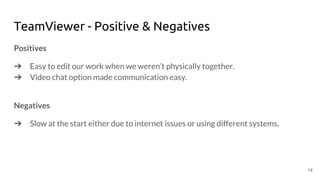 TeamViewer - Positive & Negatives
Positives
➔ Easy to edit our work when we weren’t physically together.
➔ Video chat option made communication easy.
Negatives
➔ Slow at the start either due to internet issues or using different systems.
14
 
