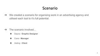 Scenario
➔ We created a scenario for organising work in an advertising agency and
utilised each tool to it’s full potential.
➔ The scenario involved…
◆ Dayna - Graphic Designer
◆ Ciara - Manager
◆ Aisling - Client
4
 