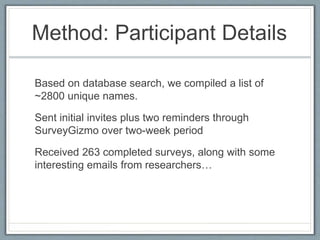 Method: Participant Details
Based on database search, we compiled a list of
~2800 unique names.
Sent initial invites plus two reminders through
SurveyGizmo over two-week period
Received 263 completed surveys, along with some
interesting emails from researchers…
 