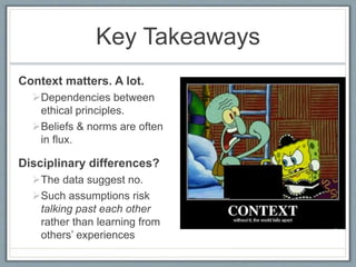 Key Takeaways
Context matters. A lot.
Dependencies between
ethical principles.
Beliefs & norms are often
in flux.
Disciplinary differences?
The data suggest no.
Such assumptions risk
talking past each other
rather than learning from
others’ experiences
 