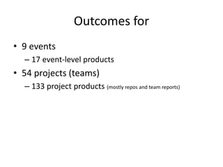 Outcomes for
• 9 events
– 17 event-level products
• 54 projects (teams)
– 133 project products (mostly repos and team reports)
 
