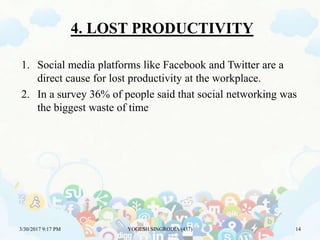4. LOST PRODUCTIVITY
1. Social media platforms like Facebook and Twitter are a
direct cause for lost productivity at the workplace.
2. In a survey 36% of people said that social networking was
the biggest waste of time
3/30/2017 9:17 PM YOGESH SINGRODIA (437) 14
 