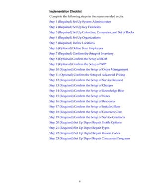 3
Implementation Checklist
Complete the following steps in the recommended order.
Step 1 (Required) Set Up System Administrator
Step 2 (Required) Set Up Key Flexfields
Step 3 (Required) Set Up Calendars, Currencies, and Set of Books
Step 4 (Required) Set Up Organizations
Step 5 (Required) Define Locations
Step 6 (Optional) Define Your Employees
Step 7 (Required) Confirm the Setup of Inventory
Step 8 (Optional) Confirm the Setup of BOM
Step 9 (Optional) Confirm the Setup of WIP
Step 10 (Required) Confirm the Setup of Order Management
Step 11 (Optional) Confirm the Setup of Advanced Pricing
Step 12 (Required) Confirm the Setup of Service Request
Step 13 (Required) Confirm the Setup of Charges
Step 14 (Required) Confirm the Setup of Knowledge Base
Step 15 (Required) Confirm the Setup of Notes
Step 16 (Required) Confirm the Setup of Resources
Step 17 (Required) Confirm the Setup of Installed Base
Step 18 (Required) Confirm the Setup of Contracts Core
Step 19 (Required) Confirm the Setup of Service Contracts
Step 20 (Required) Set Up Depot Repair Profile Options
Step 21 (Required) Set Up Depot Repair Types
Step 22 (Required) Set Up Depot Repair Reason Codes
Step 23 (Required) Set Up Depot Repair Concurrent Programs
 