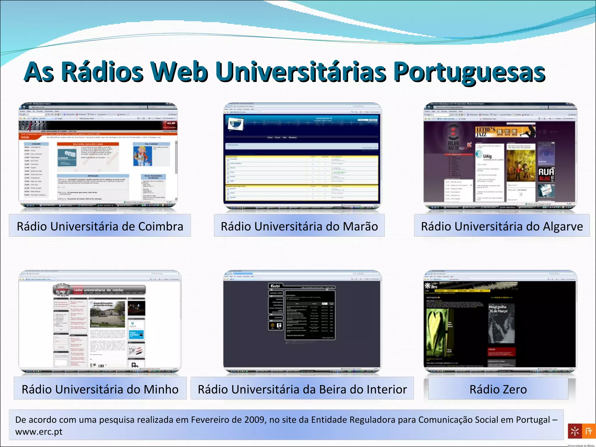 As Rádios Web Universitárias Portuguesas Rádio Universitária de Coimbra Rádio Universitária do Marão Rádio Universitária do Algarve Rádio Universitária do Minho Rádio Universitária da Beira do Interior Rádio Zero De acordo com uma pesquisa realizada em Fevereiro de 2009, no site da Entidade Reguladora para Comunicação Social em Portugal – www.erc.pt 