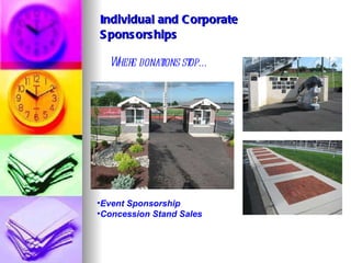 Individual and Corporate  Sponsorships Where donations stop… Event Sponsorship Concession Stand Sales 