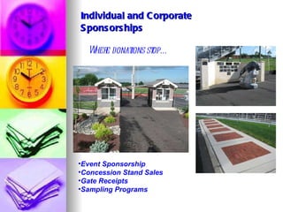 Individual and Corporate  Sponsorships Where donations stop… Event Sponsorship Concession Stand Sales Gate Receipts Sampling Programs 