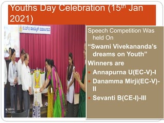 Youths Day Celebration (15th Jan
2021)
Speech Competition Was
held On
“Swami Vivekananda’s
dreams on Youth”
Winners are
 Annapurna U(EC-V)-I
 Danamma Mirji(EC-V)-
II
 Sevanti B(CE-I)-III
 