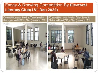 Essay & Drawing Competition By Electoral
Literacy Club(18th Dec 2020)
Competition was held at Taluk level &
Racappa Wali(EE III Sem) secured 3rd
Place.
Competition was held at Taluk level &
Sahana Hooli(CE,V Sem) secured 2nd
Place.
 