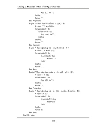 Chương I: Khái niệm cơ bản về các hệ cơ sở dữ liệu
Add t[X] to T1;
Endfor;
Return (T1)
End Projaction
Begin /* Thực hiện tích đề các π X (R ) x S /
R create (T2, Attrib(R)) ;
For each t in T1 do
For each v in S do
Add <t,v> to T2;
Endfor;
Endfor;
Return (T2)
End Descartes
Begin /* thực hiện phép trừ (π X (R ) x S ) - R /
R create (T3, Attrib (R)) ;
For each t in T2 do
If not (t in R) then
Add t to T3;
Endif
Endfor;
Return (T3)
End Subs
Begin /* Thực hiện phép chiếu π X ((π X (R ) x S ) - R ) /
R create (T4, X) ;
For each t in T3 do
Add t[X] to T4;
Endfor;
Return (T4)
End Projaction
Begin /* thực hiện phép trừ π X (R ) - π X ((π X (R ) x S ) - R ) /
R create (P, X ) ;
For each t in T1 do
If not (t in T4) then
Add t to P;
Endif
Endfor;
Return (P)
End Subs
End Devision.
112
 