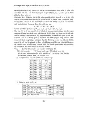 Chương I: Khái niệm cơ bản về các hệ cơ sở dữ liệu
Quan hệ (Relation) là một tập con của tích Đề các của một hoặc nhiều miền. Sẽ ngầm hiểu
quan hệ là hữu hạn. Các phần tử của quan hệ gọi là bộ (a1, a2,.., an), có n giá trị thành
phần, hay được gọi n_bộ.
Khái niệm tập n_bộ không phải là khái niệm duy nhất đối với lý thuyết cơ sở dữ liệu kiểu
quan hệ. Nếu gán tên thuộc tính cho các cột, khi đó thứ tự của các cột là không quan trọng.
Vì vậy có thể xem các bộ như là ánh xạ từ các thuộc tính đến tập các giá trị của miền xác
định các thuộc tính. Ánh xạ μ được định nghĩa như sau:
μ : Ω = {A1, A2, .., An} → Ω
Khi đó quan hệ là tập n_bộ: {μ (A1), μ (A2), ..., μ (An)} = {(a1, a2,.., an)}.
Như vậy, "Cơ sở dữ liệu quan hệ" có thể hiểu là dữ liệu được người sử dụng nhìn dưới dạng
một quan hệ toán học và các phép toán thao tác dữ liệu được xây dựng trên các cấu trúc
quan hệ toán học. Một quan hệ là một bảng và mỗi bảng là một cấu trúc quan hệ toán học.
Nói cách khác, cơ sở dữ liệu quan hệ được biểu diễn dưới dạng các bảng, gồm các cột là
thuôc tính và các hàng là tập n giá trị của thực thể, đối tượng. có cấu trúc. Cấu trúc dữ liệu
quan hệ là mối liên kết giữa các bộ được biểu diễn duy nhất bằng các giá trị dữ liệu trong
các cột được rút ra từ miền chung. Giữa các thuộc tính có mối quan hệ ràng buộc phụ thuộc
lẫn nhau và các phụ thuộc cũng là các thực thể đặc biệt.
Ví dụ Quan hệ về tuyến cáp – các loại cáp – nhật ký lắp đặt
TC#: Mã tuyến cáp, TC: Tên gọi tuyến cáp, DAI: độ dài tuyến cáp,
NGHT: Ngày hoàn thành tuyến, MC#: Mã cáp, MC: Tên gọi cáp, GIA: Giá cáp,
N#: Mã nước sản xuất, NSX: Tên nước sản xuất
a) Thông tin về các loại cáp lắp đặt trên các tuyến cáp:
TC# MC# SL NG
T01 M01 10 21/10/1996
T01 M02 20 15/7/1982
T01 M03 15 20/1/1981
T02 M01 29 31/12/1999
T02 M02 18 15/9/1998
T03 M04 10 3/9/1999
T04 M02 4 1/5/1980
T04 M03 8 27/9/2000
b) Thông tin về các tuyến cáp
TC# TC DAI NGHT
T01 Hà Nội- Hải Phòng 120 Km 1/2/1980
T02 Hà Nội- Quảng Ninh 170 Km 31/12/1985
T03 Hải Phòng-Quảng Ninh 60 Km 30/6/1990
T04 Hà Nội- Hà Tây 15 Km 31/12/1979
26
 