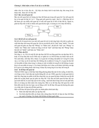 Chương I: Khái niệm cơ bản về các hệ cơ sở dữ liệu
nhân viên, họ và tên, địa chỉ.... Ký hiệu cho thuộc tính là một hình elip, bên trong là tên
thuộc tính, được nối với thực thể.
2.6.3 Bậc của mối quan hệ
Bậc của mối quan hệ là số lượng các thực thể tham gia trong mối quan hệ. Các mối quan hệ
hai và ba ngôi thì bậc là 2 và 3. Tổng quát mối quan hệ n-ngôi , bậc là n. Một thực thể có
thể tham gia vào nhiễu mối quan hệ và mỗi mối quan hệ có thể có bậc bất kỳ. Ngoài ra,
giữa hai thực thể có thể có nhiều mối quan hệ hai ngôi, và tương tự với n thực thể bất kỳ.
30
2.6.4 Độ kết nối các mối quan hệ
Độ kết nối (Connectivity) của một mối quan hệ mô tả một ràng buộc trên ánh xạ giữa các
xuất hiện thực thể trong mối quan hệ. Giá trị của độ kết nối là "một" hoặc "nhiều". Với một
mối quan hệ giữa các thực thể “Phòng” và “Nhân viên”, độ kết nối "một" cho “Phòng” và
"nhiều" cho “Nhân viên” muốn nói rằng có tối đa "một" xuất hiện thực thể “Phòng” được
liên kết với "nhiễu" xuất hiện của “Nhân viên”.
2.6.5 Phân cấp ISA
Nói rằng A isa B (A là một B) nếu tập thực thể B là sự tổng quát hóa của tập thực thể A,
hoặc A là loại đặc biệt của B. Điều này có nghĩa là A có thể kế thừa các thuộc tính của B.
Nói cách khác, mỗi thực thể a thuộc A có quan hệ với đúng một phần tử b trong B và như
vậy a và b thực sự chỉ là một thực thể. Không cần có phần tử b trong B có quan hệ như thế
với hai phần tử khác nhau trong A, nhưng có một vài phần tử trong B có thể không có quan
hệ gì với mọi phần tử trong A. Các thuộc tính khóa của A thực sự là thuộc tính khóa của tập
B và giá trị của những thuộc tính trong A được lấy tương ứng từ các thực thể trong B.
2.6.6 Sơ đồ thực thể quan hệ
Thiết kế CSDL logic có thể thực hiện bằng phương pháp tiếp cận từ trên xuống, từ dưới lên,
và tổ hợp cả hai. Cách tiếp cận truyền thống đối với các CSDL quan hệ, là một quá trình từ
dưới lên, tổng hợp các phần tử dữ liệu riêng biệt vào các quan hệ được chuẩn hóa sau khi đã
phân tích sự phụ thuộc qua lại giữa các thực thể. Việc đưa mô hình quan hệ thực thể vào
quá trình thiết kế, là cách tiếp cận từ trên xuống, một hình thái tổ hợp mới trở nên phổ biến
nhờ có sử dụng các khái niệm trừu tượng hóa. Một cơ sơ dữ liệu thực thể quan hệ có thể
biểu diễn toàn bộ cấu trúc logic của nó bằng sơ đồ. Sơ đồ thực thể quan hệ thường đơn giản
và có đặc tính rõ ràng nên dễ khái quát hóa. .
Một sơ đồ thực thể quan hệ bao gồm các thành phần chính dưới đây:
• Hình chữ nhật biểu diễn các tập thực thể.
• Các hình elip biểu diễn các thuộc tính, chúng được liên kết với tập các thực thể bằng
các cạnh vô hướng. Các thuộc tính là khóa sẽ được gạch chân.
Giờ Môn
Lớp
Môn
Phòng
 