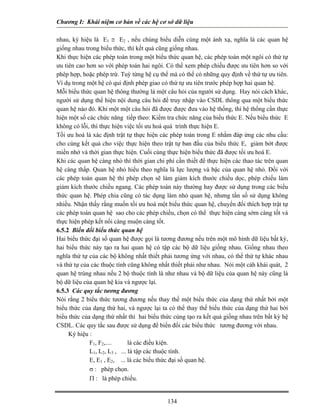 Chương I: Khái niệm cơ bản về các hệ cơ sở dữ liệu 
nhau, ký hiệu là E1 ≅ E2 , nếu chúng biểu diễn cùng một ánh xạ, nghĩa là các quan hệ giống nhau trong biểu thức, thì kết quả cũng giống nhau. 
Khi thực hiện các phép toán trong một biểu thức quan hệ, các phép toán một ngôi có thứ tự ưu tiên cao hơn so với phép toán hai ngôi. Có thể xem phép chiếu được ưu tiên hơn so với phép hợp, hoặc phép trừ. Tuỳ từng hệ cụ thể mà có thể có những quy định về thứ tự ưu tiên. Ví dụ trong một hệ có qui định phép giao có thứ tự ưu tiên trước phép hợp hai quan hệ. 
Mỗi biểu thức quan hệ thông thường là một câu hỏi của người sử dụng. Hay nói cách khác, người sử dụng thể hiện nội dung câu hỏi để truy nhập vào CSDL thông qua một biểu thức quan hệ nào đó. Khi một một câu hỏi đã được được đưa vào hệ thống, thì hệ thống cần thực hiện một số các chức năng tiếp theo: Kiểm tra chức năng của biểu thức E. Nếu biểu thức E không có lỗi, thì thực hiện việc tối ưu hoá quá trình thực hiện E. 
Tối ưu hoá là xác định trật tự thực hiện các phép toán trong E nhằm đáp ứng các nhu cầu: cho cùng kết quả cho việc thực hiện theo trật tự ban đầu của biểu thức E, giảm bớt được miền nhớ và thời gian thực hiện. Cuối cùng thực hiện biểu thức đã được tối ưu hoá E. 
Khi các quan hệ càng nhỏ thì thời gian chi phí cần thiết để thực hiện các thao tác trên quan hệ càng thấp. Quan hệ nhỏ hiểu theo nghĩa là lực lượng và bậc của quan hệ nhỏ. Đối với các phép toán quan hệ thì phép chọn sẽ làm giảm kích thước chiều dọc, phép chiếu làm giảm kích thước chiều ngang. Các phép toán này thường hay được sử dụng trong các biểu thức quan hệ. Phép chia cũng có tác dụng làm nhỏ quan hệ, nhưng tần số sử dụng không nhiều. Nhận thấy rằng muốn tối ưu hoá một biểu thức quan hệ, chuyển đổi thích hợp trật tự các phép toán quan hệ sao cho các phép chiều, chọn có thể thực hiện càng sớm càng tốt và thực hiện phép kết nối càng muộn càng tốt. 
6.5.2 Biến đổi biểu thức quan hệ 
Hai biểu thức đại số quan hệ được gọi là tương đương nếu trên một mô hình dữ liệu bất kỳ, hai biểu thức này tạo ra hai quan hệ có tập các bộ dữ liệu giống nhau. Giống nhau theo nghĩa thứ tự của các bộ không nhất thiết phải tương ứng với nhau, có thể thứ tự khác nhau và thứ tự của các thuộc tính cũng không nhất thiết phải như nhau. Nói một cáh khái quát, 2 quan hệ trùng nhau nếu 2 bộ thuộc tính là như nhau và bộ dữ liệu của quan hệ này cũng là bộ dữ liệu của quan hệ kia và ngược lại. 
6.5.3 Các quy tắc tương đương 
Nói rằng 2 bỉểu thức tương đương nếu thay thế một biểu thức của dạng thứ nhất bởi một biểu thức của dạng thứ hai, và ngược lại ta có thể thay thế biểu thức của dạng thứ hai bởi biểu thức của dạng thứ nhất thì hai biểu thức cùng tạo ra kết quả giống nhau trên bất kỳ hệ CSDL. Các quy tắc sau được sử dụng để biến đổi các biểu thức tương đương với nhau. 
Ký hiệu : 
 F1, F2,.... là các điều kiện. 
 L1, L2, L3 , ... là tập các thuộc tính. 
 E, E1 , E2, ... là các biểu thức đại số quan hệ. 
 σ : phép chọn. 
 Π : là phép chiếu. 
134 
 