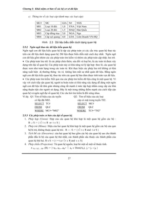 Chương I: Khái niệm cơ bản về các hệ cơ sở dữ liệu 
c) Thông tin về các loại cáp (danh mục các loại cáp): 
MC# 
MC 
GIA 
N# 
NSX 
M01 
Loại 10 đôi 
1,0 
VNA 
Việt Nam 
M02 
Loại 20 đôi 
1,5 
HAQ 
Hàn Quốc 
M03 
Cáp đồng trục 
3,0 
NGA 
Nga 
M04 
Cáp sợi quang 
4,0 
LDA 
Liên Doanh VN-HQ 
Hình 2.3 Dữ liệu biểu diễn dưới dạng quan hệ 
2.5.2 Ngôn ngữ thao tác dữ liệu kiểu quan hệ. 
Ngôn ngữ con dữ liệu kiểu quan hệ là tập các phép toán có các cấu trúc quan hệ thao tác trên các dữ liệu dưới dạng quan hệ. Dữ liệu được biểu diễn một cách duy nhất. Ngôn ngữ con dữ liệu gồm nhóm các các phép toán tìm kiếm và nhóm các phép toán cập nhật, lưu trữ. 
• Các phép toán lưu trữ: là các phép chèn thêm, sửa đổi và loại bỏ, là các toán tử được xây dựng trên đại số quan hệ. Các phép toán này có khả năng xử lý tập hợp theo lô, các quan hệ được xem như toán hạng trong các toán tử. Khi thực hiện các phép lưu trữ không có khả năng xuất hiện dị thường thông tin và không làm mất sự nhất quán dữ liệu. Bằng ngôn ngữ con dữ liệu kiểu quan hệ, thao tác trên các quan hệ bảo đảm được tính toàn vẹn dữ liệu. 
• Các phép toán tìm kiếm: Kết quả của các phép tìm kiếm dữ liệu cũng là một quan hệ. Vì vậy với cách tiếp cận quan hệ, người ta hoàn toàn có khả năng xây dựng dễ dàng một ngôn ngữ con dữ liệu rất đơn giản nhưng cũng rất mạnh ở mức tập hợp nhằm cung cấp các khả năng thụân tiện cho người sử dụng. Đây là một trong những điểm mạnh của cách tiếp cận quan hệ và ngôn ngữ đại số quan hệ. Các câu hỏi tìm kiếm là đối xứng nhau. 
Ví dụ Q1: Tìm số hiệu của các tuyến Q2: Tìm số hiệu của các loại 
có lắp đặt M02. cáp có mặt trong tuyến T02. 
SELECT TC# SELECT MC# 
FROM QLC FROM QLC 
WHERE MC#="M02" WHERE TC#="T02" 
2.5.3 Các phép toán cơ bản của đại số quan hệ. 
1. Phép hợp (Union): Hợp của các quan hệ khả hợp là một quan hệ gồm các bộ : R ∪ S := { t⏐ t ∈ R or t ∈ S } 
2. Phép trừ (Minus): Hiệu của hai quan hệ khả hợp là một quan hệ gồm các bộ của qun hệ bị trừ, không thuộc quan hệ trừ.: R ⎯ S := { t⏐ t ∈ R and t ∉ S } 
3. Tích Đề các (Descartes): của hai quan hệ bao gồm các bộ của quan hệ sao cho thành phần đầu là bộ của quan hệ thứ nhất, các thành phần sâu thuộc các thành phần của quan hệ thứ hai. R x S :={ t =<r,s>⏐r ∈ R and s ∈ S} 
4. Phép chiếu (Projection): Từ quan hệ nguồn, loại bỏ một số một số thuộc tính. 
π Aj1, Aj2,...,Ajk (R) := {<aj1, aj2,..,ajk> ⏐ aji ∈ Dom(Aji), ji = j1 ÷ jk } 
27 
 