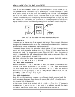 Chương I: Khái niệm cơ bản về các hệ cơ sở dữ liệu 
được lắp đặt. Thuộc tính MC# chỉ xác định được các thông tin về loại cáp như tên gọi MC, đơn giá GIA và nước sản xuất loại cáp đó. Nó không thể xác định số lượng SLvà giá trị GTR cáp của loại cáp cụ thể, nếu giá trị của TC# không được xác định. Trong trường hợp này có thể hiểu cáp vẫn còn trong các kho, chưa được đưa ra sử dụng. Tương tự, thuộc tính TC# chỉ xác định thông tin về các tuyến cáp như chiều dài tuyến, tên gọi tuyến, cáp chôn hay cáp treo...mà không thể xác định các thông tin về số lượng và giá trị các loại cáp đượ 
lắ 
MC# TC# 
59 
GIA SL MC 
Hình 3 
3.6.2 Khoá dự bị Trong một lược đồ quan hệ, nếu tồn tại một thuộc tính hay một tổ hợp các thuộc tính có tính chất xác định như khoá chính, khi đó nói rằng trong lược đồ tồ 
có thể tuỳ chọn trong số các khoá dự bị của lược đồ quan hệ. Trong quan hệ quản lý mạng cáp, giả sử ứng với một mã cáp MC# chỉ có một và chỉ một tên gọi MC. Nghĩa là ngoài tổ hợp khoá (MC#, TC#), tổ hợp (MC,TC#) cũng có tính chất tương tự như khoá. Và thường người ta chọn tổ hợp (MC#,TC#) làm khoá chính, vì (MC#, TC#) đảm bảo tính nhất quán và đỡ nhập nh 
thuộc tính tên cáp và mã tuyến cáp (MC,TC#). Các thuộc tính không khoá là các thuộc tính không 
Tức là: Ψ := {A⏐ A ∉ K  K ∈ 
3.6.3 Định thuộc (Determinant) Cho lược đồ quan hệ s = Ω, F. Gọi ∀X ⊆ Ω là một định thuộc (Determinant) của lược đồ s khi và chỉ khi tồn tại thuộc tính Y ⊆ Ω sao cho X → Y∈ F + là phụ thuộc hàm đầy đủ. Tức là trong X không tồn tại các thuộc tính dư thừa. (MC#,TC#) là một định thuộc của lược đồ quan hệ quản lý mạng cáp, vì tồn tại 
(MH#,NG) → GTR là một ph 
3.6.4 Phản khoá (Antikey) Phản khóa có vai trò quan trọng trong quá trình nghiên cứu cấu trúc logic của họ các phụ thuộc hàm, khóa và các dạng chuẩn c 
hợp trong mô hình dữ liệu quan hệ. a) Hệ Sperner: Cho Ω là tập các thuộc tính, P ⊆ P(Ω) := {A⏐ A⊆ Ω} ⊆ 2Ω được gọi là hệ Sperner trên Ω nếu với ∀A, B ∈ P, A ⊄ B ( B ⊄ A) . Dễ dàng nhận thấy 
 