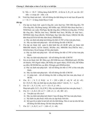 Chương I: Khái niệm cơ bản về các hệ cơ sở dữ liệu 
b) Nếu s= Ω, F  không dạng chuẩn BCNF, sẽ tồn tại A, B ⊆ Ω sao cho (Ω  AB) → A hoặc (Ω  AB) → B. 
30. Trình bày thuật toán tách – kết nối không tổn thất thông tin từ một lược đồ quan hệ s =  Ω , F  về dạng chuẩn Boyce Codd. 
Bài tập 
1. Cho tập các thuộc tính quản lý tổng đài- cước thuê bao: TD# (Mã tổng đài), TD (Tên tổng đài), DL(Dung lượng), MC#(Mầu cáp), SDT(Số điện thoại thuê bao ), NSX(Nước sản xuất), NG(Ngày lắp đặt tổng đài), GTR(Giá trị tổng đài), VT(Nơi đặt tổng đài), TB(Tên thuê bao), TB#(Mã thuê bao), DC(Địa chỉ thuê bao) , SDTD(Số điện thoại đến/đi), NGG(Ngày thực hiện đàm thoại), GB(Giờ bắt đầu đàm thoại),KT(Giờ kết thúc đàm thoại), DD(Đi/đến). 
a) Hãy xác định một phép tách không tổn thất về 3NF có bảo toàn phụ thuộc. 
b) Hãy xác định một phép tách – kết nối không tổn thất về BCNF. 
2. Cho tập các thuộc tính quản lý phát hành báo chí QLBC gồm các thuộc tính MK#(Mã khách), K(Tên khách), DC(Địa chỉ), MB#(Mã báo),TB(Tên báo) , GIA(Giá báo), SL(số lượng), KY(kỳ phát hành). 
a) Hãy xác định một phép tách – kết nối không tổn thất về 3NF có bảo toàn phụ thuộc. 
b) Hãy xác định một phép tách – kết nối không tổn thất về BCNF. 
3. Giả sử các thuộc tính BC (Bưu cục), BC#(Mã bưu cục), MK(Khách gửi), DC(Địa chỉ khách), NH (Người nhận), DCN(Địa chỉ người nhận), ST(Số tiền), BCN(Bưu cục đến), BCD#(Mã bưu cục đến), NG(ngày gửi) HD(Hoá đơn). 
a) Hãy xác định một phép tách – kết nối không tổn thất về 3NF có bảo toàn phụ thuộc. 
b) Hãy xác định một phép tách – kết nối không tổn thất về BCNF. 
c) Có phép tách – kết nối không tổn thất và đồng thời bảo toàn phụ thuộc về BCNF. 
4. Cho Ω = { X, Y, Z, W,Q} và F = {XY→ QW, Z →Q, W →Z, Q →X}. Ω1={X,Y,Z}. Hãy xác định tập các phụ thuộc chiếu F trên Ω1: F1 = πΩi (F). 
5. Cho Ω = { X, Y, Z, W} và F = {X→ Y, Z →W }. 
Phép tách ϕ[Ω1{X,Y}, Ω2{Z,W}]. Hãy xác định phép tách bảo toàn phụ thuộc ?. 
6. Cho Ω = { A, B, C, D} và F = {AB→ C, A →D, BD →C}. 
a) Tìm phủ cực tiểu của F. 
b) Hãy xác định một phép tách thành 2 lược đồ dạng 3NF bảo toàn phụ thuộc. 
c) Xác định các phụ thuộc chiếu trên các tập thuộc tính trên. 
d) Kết quả (b) có phải là tách kết nối tổn thất không. Nếu có sửa lại như thế nào để không tổn thất nhưng vẫn bảo toàn phụ thuộc. 
7. Cho Ω = { A, B, C} và F = {AB→ C, A →B}. 
96 
 