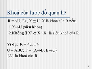 Khoá của lược đồ quan hệ R = <U, F>, X    U. X là khoá của R nếu: 1.X  U ( siêu khoá ) 2. Không    X’    X  : X’ là siêu khoá của R Ví dụ :   R = <U, F> U = ABC; F = {A  B, B  C} {A} là khoá của R 