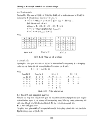 Chương I: Khái niệm cơ bản về các hệ cơ sở dữ liệu


b) Kết nối tự nhiên:
Định nghĩa: Cho quan hệ R(Ω) và S(Σ). Khi đó kết nối tự nhiên của quan hệ R và S là
một quan hệ P trên các thuộc tính Ω Σ = Ω ∪ Σ , và
          R ⏐><⏐.. S = P(ΩΣ ) := {t∈ R θ S ⏐ t[Ω ∩ Σ ]R = t [Ω ∩Σ]S }.
             Tình Descartes T = R x S.
             Với mọi t∈ T, t[Ω ∩Σ ] ∈ R = t[Ω ∩Σ ] ∈ S
             R ⏐><⏐.. S = Thực hiện phép chọn σAiθ Bj (T)
             R ⏐><⏐.. S = π X( σR.X=S.X (R x S))
Ví dụ
        A      B     C        B      C     D         A       B       C   D
        a      b     c        b      c     d         a       b       c   a
        d      b     c        b      c     y         a       b       c   y
        b      b     k        a      d     b         d       b       c   d
        c      a     d                               d       b       c   y
                                                     c       a       d   b
         Quan hệ R             Quan hệ S                 R⏐><⏐.. S

                      Hình 5.10 Phép kết nối tự nhiên
c) Nửa kết nối:
Định nghĩa: Cho quan hệ R(Ω) và S(Σ). Khi đó nửa kết nối của quan hệ R và S là phép
chiếu trên các thuộc tính Ω trong phép kết nối tự nhiên của R và S:
                   R ⏐>< S = π Ω ( R x S )
Ví dụ
       Quan hệ R        Quan hệ S            R ⏐>< S                R >< S
         A B C            B C D         A B C D                   A   B    C
         a b c            b c d         a    b c        a         a   b    c
         d b c            b c y         a    b c        y         d   b    c
         b b k            a d b         d b c d                   c   a    d
         c a d                          d b c y
                                        c     a d b
                            Hình 5.11 Phép nửa kết nối

5.4 Các tính chất của đại số quan hệ
Kết quả các phép toán cũng là một quan hệ. Tuy nhiên các toán hạng là các quan hệ giao
hoán với nhau, nghĩa là các bộ thay đổi thứ tự trong bảng, điều này không quan trọng với
cách biểu diễn dữ liệu. Nó vẫn đảm bảo tính độc lập và tính toàn vẹn dữ liệu.
5.4.1 Tính chất giao hoán
Các phép hợp , giao và kết nối trong đại số quan hệ là các phép toán có tính chất giao hoán.
Tức là với mọi quan hệ R1, R2 thì


                                            105
 