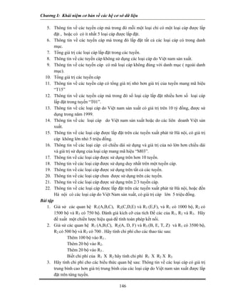 Chương I: Khái niệm cơ bản về các hệ cơ sở dữ liệu

   5. Thông tin về các tuyến cáp mà trong đó mỗi một loại chỉ có một loại cáp được lắp
        đặt , hoặc có có ít nhất 5 loại cáp được lắp đặt.
   6. Thông tin về các tuyến cáp mà trong đó lắp đặt tất cả các loại cáp có trong danh
        mục.
   7. Tổng giá trị các loại cáp lắp đặt trong các tuyến.
   8. Thông tin về các tuyến cáp không sử dụng các loại cáp do Việt nam sản xuất.
   9. Thông tin về các tuyến cáp có mã loại cáp không đúng với danh mục ( ngoài danh
        mục).
  10. Tổng giá trị các tuyến cáp
  11. Thông tin về các tuyến cáp có tổng giá trị nhỏ hơn giá trị của tuyến mang mã hiệu
        “T15”
  12. Thông tin về các tuyến cáp mà trong đó số loại cáp lắp đặt nhiều hơn số loại cáp
        lắp đặt trong tuyến “T01”.
  13. Thông tin về các loại cáp do Việt nam sản xuất có giá trị trên 10 tỷ đồng, được sử
        dụng trong năm 1999.
  14. Thông tin về các loại cáp do Việt nam sản xuất hoặc do các liên doanh Việt sản
        xuất.
  15. Thông tin về các loại cáp được lắp đặt trên các tuyến xuất phát từ Hà nội, có giá trị
        cáp không lớn nhỏ 5 triệu đồng.
  16. Thông tin về các loại cáp có chiều dài sử dụng và giá trị của nó lớn hơn chiều dài
        và giá trị sử dụng của loại cáp mang mã hiệu “M03”.
  17. Thông tin về các loại cáp được sử dụng trên hơn 10 tuyến.
  18. Thông tin về các loại cáp được sử dụng duy nhất trên một tuyến cáp.
  19. Thông tin về các loại cáp được sử dụng trên tất cả các tuyến.
  20. Thông tin về các loại cáp chưa được sử dụng trên các tuyến.
  21. Thông tin về các loại cáp được sử dụng trên 2/3 tuyến cáp.
  22. Thông tin về các loại cáp được lắp đặt trên các tuyến xuất phát từ Hà nội, hoặc đến
        Hà nội có các loại cáp do Việt Nam sản xuất, có giá trị cáp lớn 5 triệu đồng.
Bài tập
   1. Giả sử các quan hệ R1(A,B,C), R2(C,D,E) và R3 (E,F), và R1 có 1000 bộ, R2 có
        1500 bộ và R3 có 750 bộ. Đánh giá kích cỡ của tích Đề các của R1, R2 và R3. Hãy
        đề xuất một chiến lược hiệu quả để tính toán phép kết nối.
   2. Giả sử các quan hệ R1 (A,B,C), R2(A, D, F) và R3 (B, E, T, Z) và R1 có 3500 bộ,
        R2 có 500 bộ và R3 có 700 . Hãy tính chi phí cho các thao tác sau:
                Thêm 100 bộ vào R1 .
                Thêm 20 bộ vào R2.
                Thêm 20 bộ vào R3 .
                Biết chi phí của R1 X R2 hãy tính chi phí R1 X R2 X R3
   3. Hãy tính chi phí cho các biểu thức quan hệ sau: Thông tin về các loại cáp có giá trị
        trung bình cao hơn giá trị trung bình của các loại cáp do Việt nam sản xuất được lắp
        đặt trên từng tuyến.

                                            146
 
