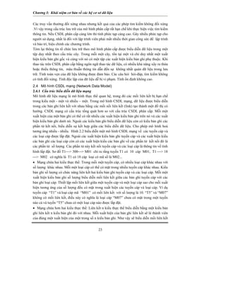 Chương I: Khái niệm cơ bản về các hệ cơ sở dữ liệu


Các truy vấn thường đối xứng nhau nhưng kết quả của các phép tìm kiếm không đối xứng
.Vì vậy trong cấu trúc lưu trữ của mô hình phân cấp rất hạn chế khi thực hiện việc tìm kiếm
thông tin. Nếu CSDL phân cấp càng lớn thì tính phức tạp càng cao. Gây nhiều phức tạp cho
người sử dụng, nhất là đối với lập trình viên phải mất nhiều thời gian công sức để lập trình
và bảo trì, hiệu chỉnh các chương trình.
Tóm lại thông tin tổ chức lưu trữ theo mô hình phân cấp được biểu diễn dữ liệu trong một
tệp duy nhất theo cấu trúc cây. Trong mỗi một cây, tồn tại một và chỉ duy nhất một xuất
hiện kiểu bản ghi gốc và cùng với nó có một tập các xuất hiện kiểu bản ghi phụ thuộc. Khi
thao tác trên CSDL phân cấp bằng ngôn ngữ thao tác dữ liệu, có nhiều khả năng xẩy ra thừa
hoặc thiếu thông tin, mâu thuẫn thông tin dẫn đến sự không nhất quán dữ liệu trong lưu
trữ. Tính toàn vẹn của dữ liệu không được đảm bảo. Các câu hỏi hỏi-đáp, tìm kiếm không
có tính đối xứng. Tính độc lập của dữ liệu dễ bị vi phạm. Tính ổn định không cao.
2.4 Mô hình CSDL mạng (Network Data Model)
2.4.1 Cấu trúc biểu diễn dữ liệu mạng
Mô hình dữ liệu mạng là mô hình thực thể quan hệ, trong đó các mối liên kết bị hạn chế
trong kiểu một - một và nhiều – một. Trong mô hình CSDL mạng, dữ liệu được biểu diễn
trong các bản ghi liên kết với nhau bằng các mối nối liên kết (link) tạo thành một đồ thị có
hướng. CSDL mạng có cấu trúc tổng quát hơn so với cấu trúc CSDL phân cấp. Mỗi một
xuất hiện của một bản ghi có thể có rất nhiều các xuất hiện kiểu bản ghi trên nó và các xuất
hiện kiểu bản ghi dưới nó. Ngoài các kiểu bản ghi biểu diễn dữ liệu còn có kiểu bản ghi các
phần tử kết nối, biểu diễn sự kết hợp giữa các biểu diễn dữ liệu. Cho phép mô hình hoá
tương ứng nhiều - nhiều. Hình 2.2 biểu diễn một mô hình CSDL mạng về các tuyến cáp và
các loại cáp được lắp đặt. Ngoài các xuất hiện kiểu bản ghi tuyến cáp và các xuất hiện kiểu
các bản ghi các loại cáp còn có các xuất hiện kiểu các bản ghi về các phần tử kết nối đó là
các phần tử số lượng. Các phần tử này kết nối tuyến cáp và các loại cáp là thông tin về tình
hình lắp đặt. Sơ đồ T1⎯> 300⎯> M01 chỉ ra rằng tuyến T1 có 10 cáp M01, T1 ⎯> 18
⎯> M02 có nghĩa là T1 có 18 cáp loại có mã số là M02...
• Mạng chứa hai kiểu thực thể: Trong mỗi một tuyến cáp, có nhiều loại cáp khác nhau với
số lượng khác nhau. Mỗi một loại cáp có thể có mặt trong nhiều tuyến cáp khác nhau. Kiểu
bản ghi số lượng có chức năng liên kết hai kiểu bản ghi tuyến cáp và các loại cáp. Mỗi một
xuất hiện kiểu bản ghi số lượng biểu diễn mối liên kết giữa các bản ghi tuyến cáp với các
bản ghi loại cáp. Thiết lập mối liên kết giữa một tuyến cáp và một loại cáp sao cho mỗi xuất
hiện tương ứng của số lượng đều có mặt trong xuất hiện các tuyến cáp và loại cáp. Ví dụ
tuyến cáp “T1” và loại cáp mã “M01” có mối liên kết với số lượng là 10. “T5” và “M07”
không có mối liên kết, điều này có nghĩa là loại cáp “M07” chưa có mặt trong một tuyến
nào cả và tuyến “T5” chưa có một loại cáp nào được lắp đặt.
• Mạng chứa hơn hai kiểu thực thể: Liên kết n kiểu thực thể biểu diễn bằng một kiểu bản
ghi liên kết n kiểu bản ghi đó với nhau. Mỗi xuất hiện của bản ghi liên kết sẽ là thành viên
của đúng một xuất hiện của một trong số n kiểu bản ghi. Như vậy sẽ biểu diễn mối liên kết


                                            23
 