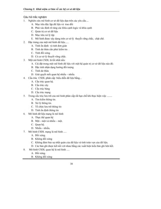 Chương I: Khái niệm cơ bản về các hệ cơ sở dữ liệu


Câu hỏi trắc nghiệm
1. Nghiên cứu mô hình cơ sở dữ liệu dựa trên các yêu cầu....
      A. Mục tiêu độc lập dữ liệu và trao đổi
      B. Phải xác định rõ ràng các khía cạnh logic và khía cạnh
      C. Quản trị cơ sở dữ liệu
      D. Mục tiêu xử lý tệp
      E. Mô hình được xây dựng trên cơ sở lý thuyết vững chắc, chặt chẽ.
2. Đặc trưng của một mô hình dữ liệu......
      A. Tính ổn định và tính đơn giản
      B. Tính dư thừa cần phải kiểm tra .
      C. Tính đối xứng
      D. Có cơ sở lý thuyết vững chắc.
3. Một mô hình CSDL là tốt nhất nếu:
      A. Cài đặt trong một mô hình dữ liệu với một hệ quản trị cơ sở dữ liệu nào đó.
      B. Đặc tính nhận dạng hướng đối tượng.
      C. Tính dư thừa
      D. Giải quyết mối quan hệ nhiều – nhiều
4. Cấu trúc CSDL phân cấp biểu diễn dữ liệu bằng...
      A. Cấu trúc quan hệ.
      B. Cấu trúc cây
      C. Cấu trúc bảng
      D. Cấu trúc mạng
5. Trong cấu trúc lưu trữ của mô hình phân cấp rất hạn chế khi thực hiện việc ........
      A. Tìm kiếm thông tin.
      B. Xử lý thông tin.
      C. Tổ chức lưu trữ thông tin
      D. Tính ổn định thông tin
6. Mô hình dữ liệu mạng là mô hình
      A. Thực thể quan hệ
      B. Một - một và nhiều – một.
      C. Quan hệ.
      D. Nhiều - nhiều.
7. Mô hình CSDL mạng là mô hình .....
      A. Đối xứng.
      B. Không đối xứng
      C. Không đảm bảo sự nhất quán của dữ liệu và tính toàn vẹn của dữ liệu.
      D. Các bản ghi được kết nối với nhau bằng các xuất hiện kiểu bản ghi liên kết.
8. Mô hình CSDL quan hệ là mô hình .....
      A. Đối xứng.
      B. Không đối xứng

                                            38
 