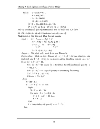 Chương I: Khái niệm cơ bản về các hệ cơ sở dữ liệu


      Khi đó    L = {ABGVW} ,
                R = {BHQWV},
                L ∩ R ={BVW},
                (Ω  R) = A G M N
           (Ω  R ⊆ K ⊆ ( Ω  R ) ∪ (L ∩ R)
           {A G M N} ⊆ K ⊆ {A G M N} ∪ {BVW}
Như vậy khóa lược đồ quan hệ chỉ khác nhau trên các thuộc tính B, V và W
3.8 Các thuật toán xác định khoá của lược đồ quan hệ.
Thuật toán 3.6: Xác định một khoá lược đồ quan hệ
    Input: :    Ω :={ A1 , A2 ,.. , An } ≠ ∅
                 F := { f : Lj → Rj ⏐ Lj, Rj ⊆ Ω }
                 L = ∪ Lj và           R = ∪ Rj
                     Lj ⊆ Ω               Rj ⊆ Ω

               L ∩ R ={ Aj1 , Aj2... Ajk}
    Output: : Xác định một khoá K của lược đồ quan hệ
    Phương pháp: Khoá của lược đồ quan hê s = < Ω , F > chỉ khác nhau trên các
    thuộc tính của L ∩ R , vì vậy chỉ cần kiểm tra và loại dần những phần tử A ∈ L ∩
    R sao cho ( X  a ) + = Ω .
           Nếu (Ω  R )+ = Ω suy ra (Ω  R) là khoá duy nhất của lược đồ quan hê   s
           = < Ω , F >.
           Nếu (Ω  R )+ ≠ Ω lược đồ quan hệ có khóa không tầm thường.
           X = ( Ω  R ) ∪ (L ∩ R ).
           Kiểm tra ( X  Aji ) +
     Begin
         X= ( Ω  R )
         If ( Ω  R ) + ⊂ Ω then
           Begin
              X = X ∪ (L ∩ R)
              For each A ∈ (L ∩ R ) do
                 If ( X - A ) + = Ω then
                 X= X- A
            End
           X là khóa của lược đồ quan hệ s = < Ω , F >.
      End.




                                         62
 